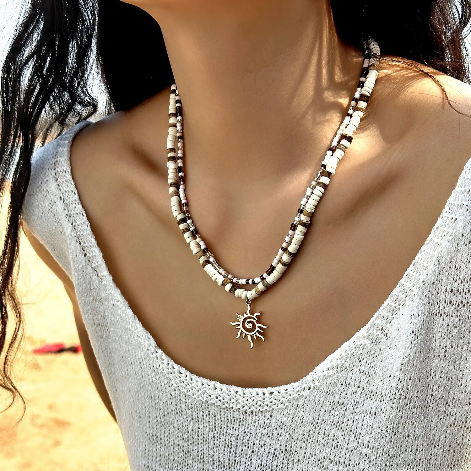 Layered Boho Necklace for Women Natural Coconut Shell Rice Bead Sun Pendant Necklace Handmade Double Layer Collarbone Chain Vintage Beach Vacation Jewelry Summer Festival Gift