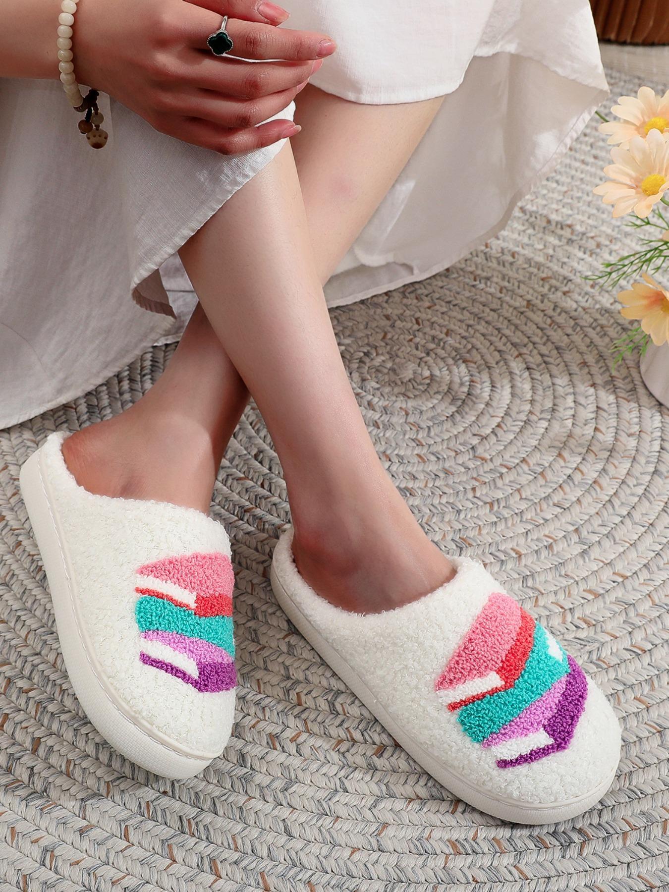 Women's Colorblock Geometric Pattern Slippers, Casual Soft Comfortable Home Slippers, Warm Slippers for Indoor & Outdoor Use for All Seasons, Footwear