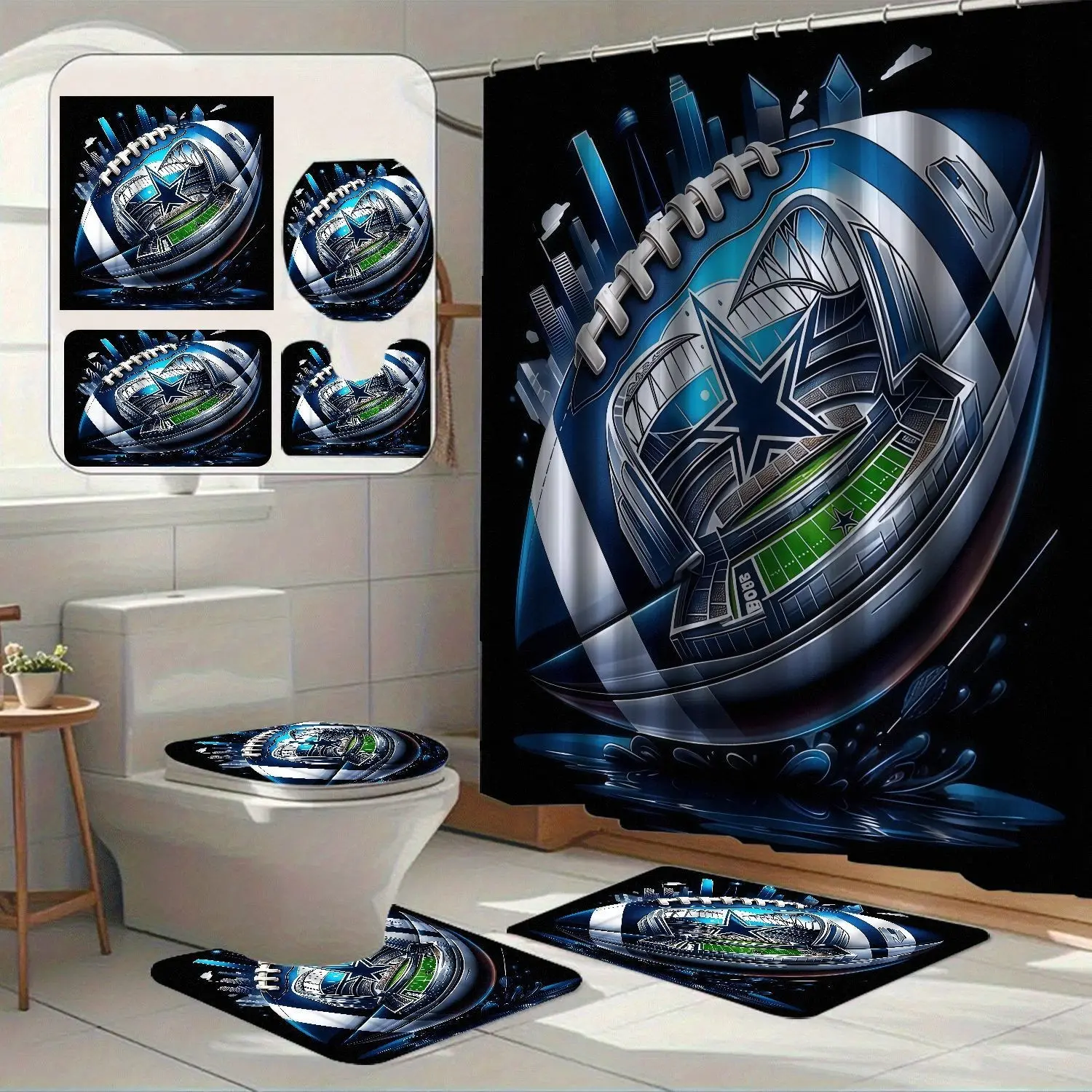 1/4pcs Rugby Field City Print Shower Curtain Set, Sporty Fashion 100% Polyester Waterproof Bath Curtains, Bathroom Home Decor