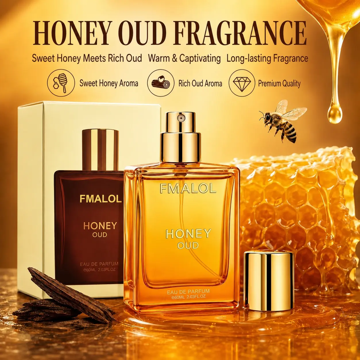 Luxury Honey Sandalwood Perfume, Unisex Oriental Woody Fragrance, Ambery Woody Fragrance, 60ML Long-Lasting, Amber Gold Gradient Bottle, Perfect Gift for All Occasions
