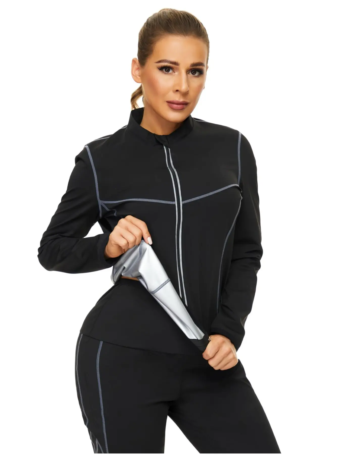 Sauna Suit for Women, Milk Silk Silver Film Color Block Zipper Jacket for Sweating & Fitness