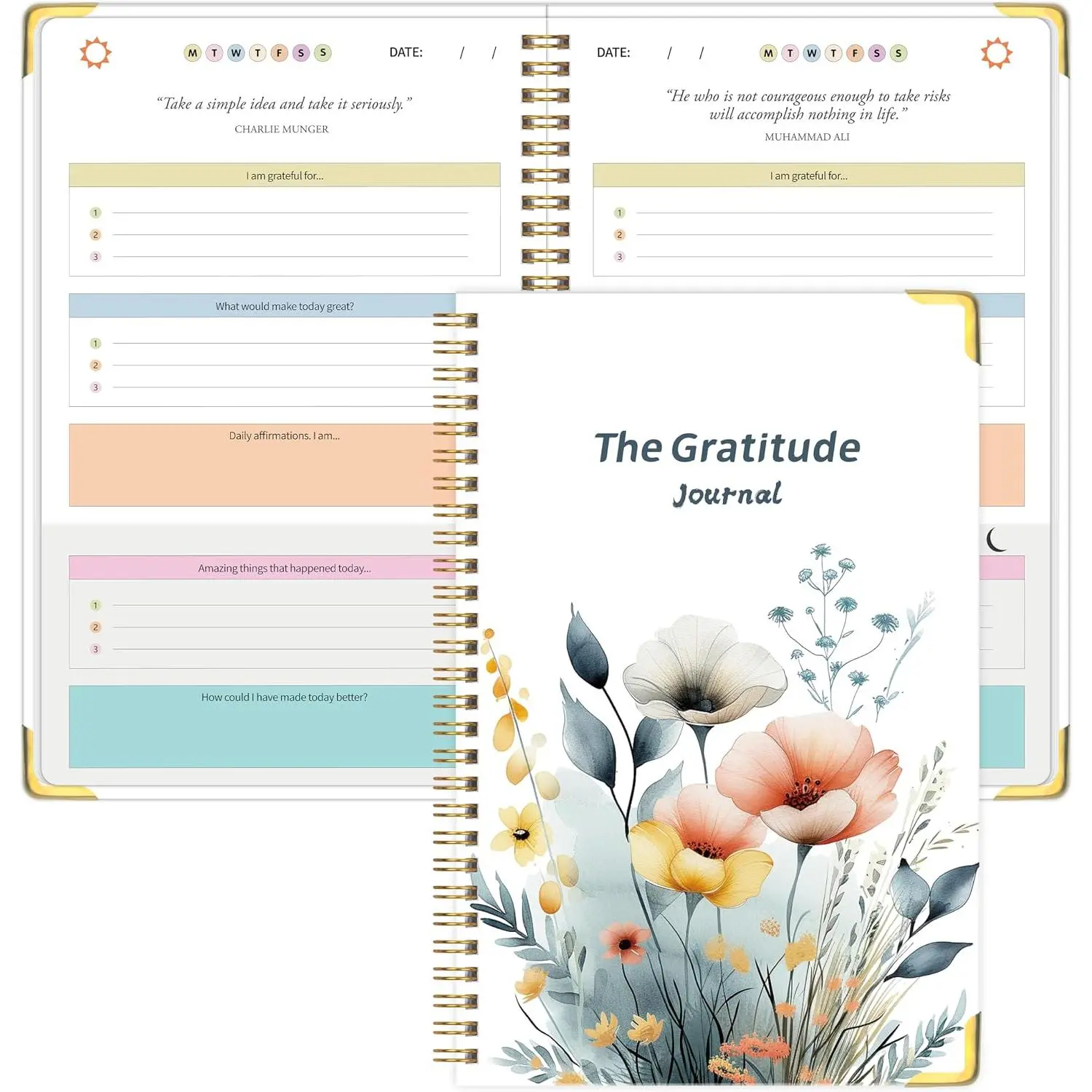 Women's Undated Pages Gratitude Journal, 5-Minute Daily Practice, 5.9"x8.6" Hardcover with Metal Corners, Spiral Bound, No-Bleed Paper, Prompts, Quotes, Affirmations, Reflection & Self-Care Organiser