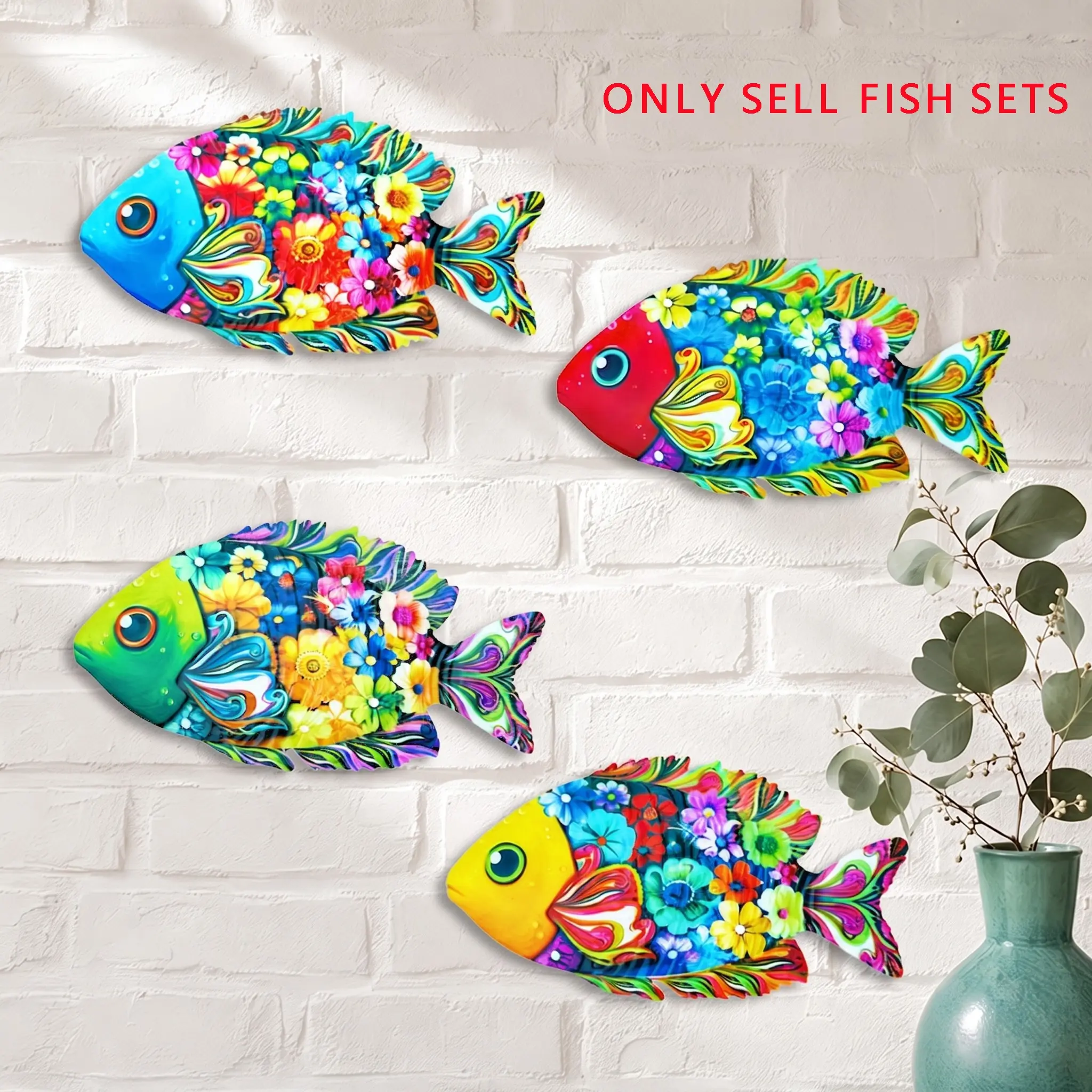 Metal Fish Wall Art Outdoor, Colorful Floral Fish Wall Decor, 4 Pack Vibrant Flower Pattern, Coastal Nautical Wall Ornament, Decorative Boho