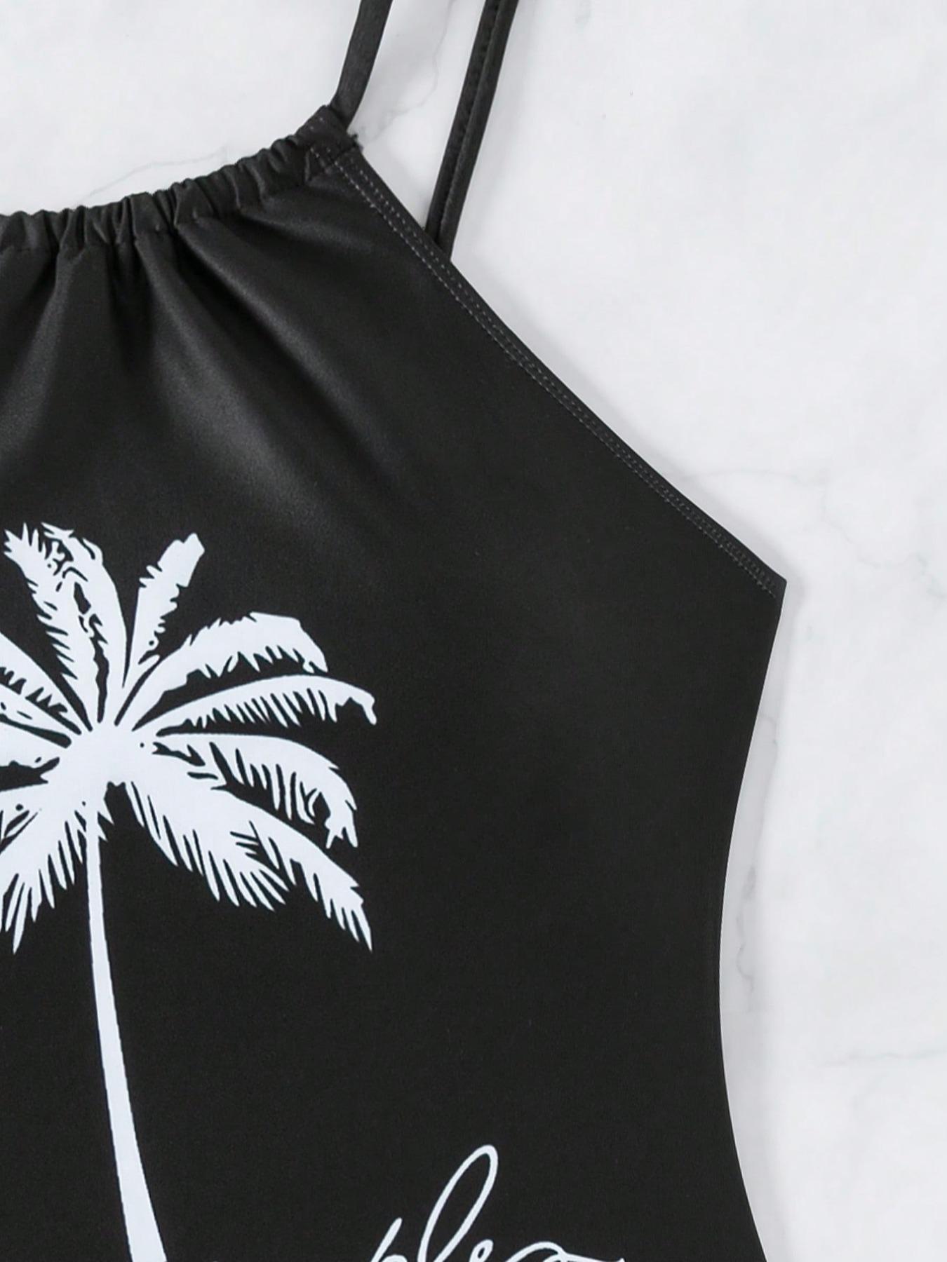 Two-Piece Set Summer Women's Coconut Tree & Letter Print Tankini Swimsuits, Summer Tummy Control Swimwear 2024, Casual Drawstring Ruched Tie Side Swim Top & Drop Waist Swim Panty, Swimsuit for Women, Bathing Suits Women, Leaf Print Tankini