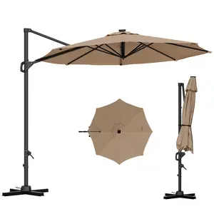 10ft Patio Cantilever Umbrella Offset Outdoor Umbrella, 360° Rotation & Infinite Tilt Adjustment, 240G Yarn-Dyed Fabric UV50+ Heavy Duty Hanging Parasol with Cross Base for Garden Pool Deck Backyard, Tan