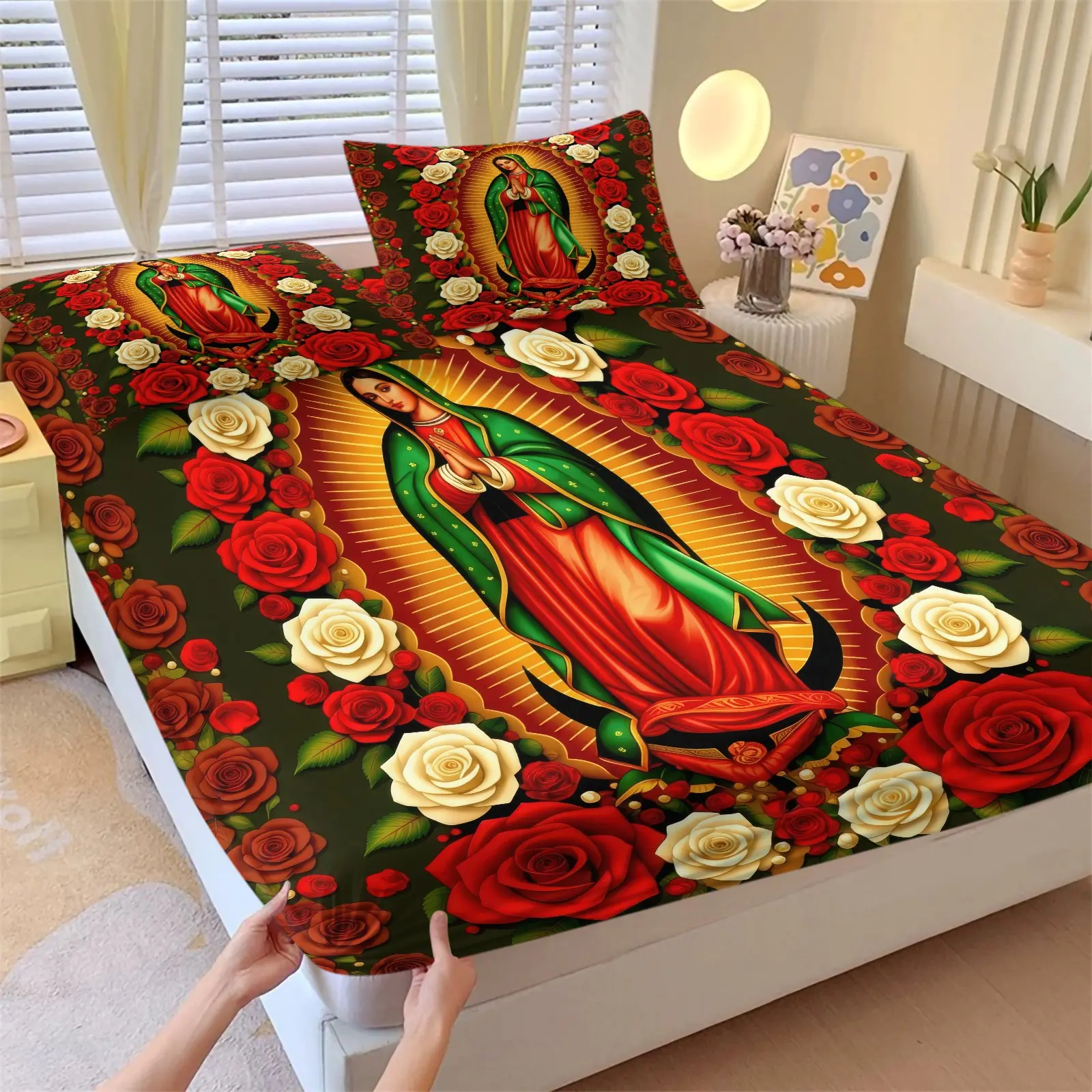 Dark Green Background Our Lady of Guadalupe with Red & White Roses Printed Fitted Sheet, 1 Bedspread & 2 Pillowcases, Deep Pocket Elastic Bedcap, Soft Dustproof Washable Mattress Cover, Latin Folk Bedding Set for Home & Homestay Religious Bedroom Decor