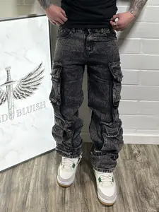 Men's Street Style Jeans, Baggy Loose-Fitting Heavy Denim, Multi-Pocket Workwear Design, Casual All-Seasons, Zipper Fly, Natural Waist