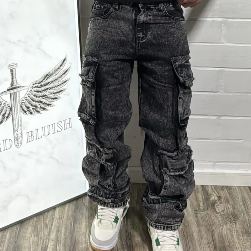 Men's Street Style Jeans, Loose-Fit Heavy Denim, Multi-Pocket Workwear Design, Casual for All Seasons, Zipper Fly, Natural Waist, Streetwear