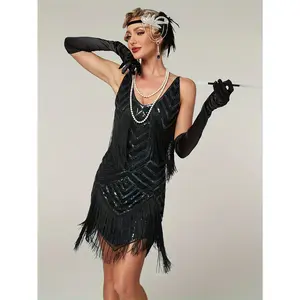 1920S Vintage Sequin Cape Gatsby Flapper Dress Tassel Evening Party Dress for Women Sequined Dress with Beads Toast Small Formal Dress