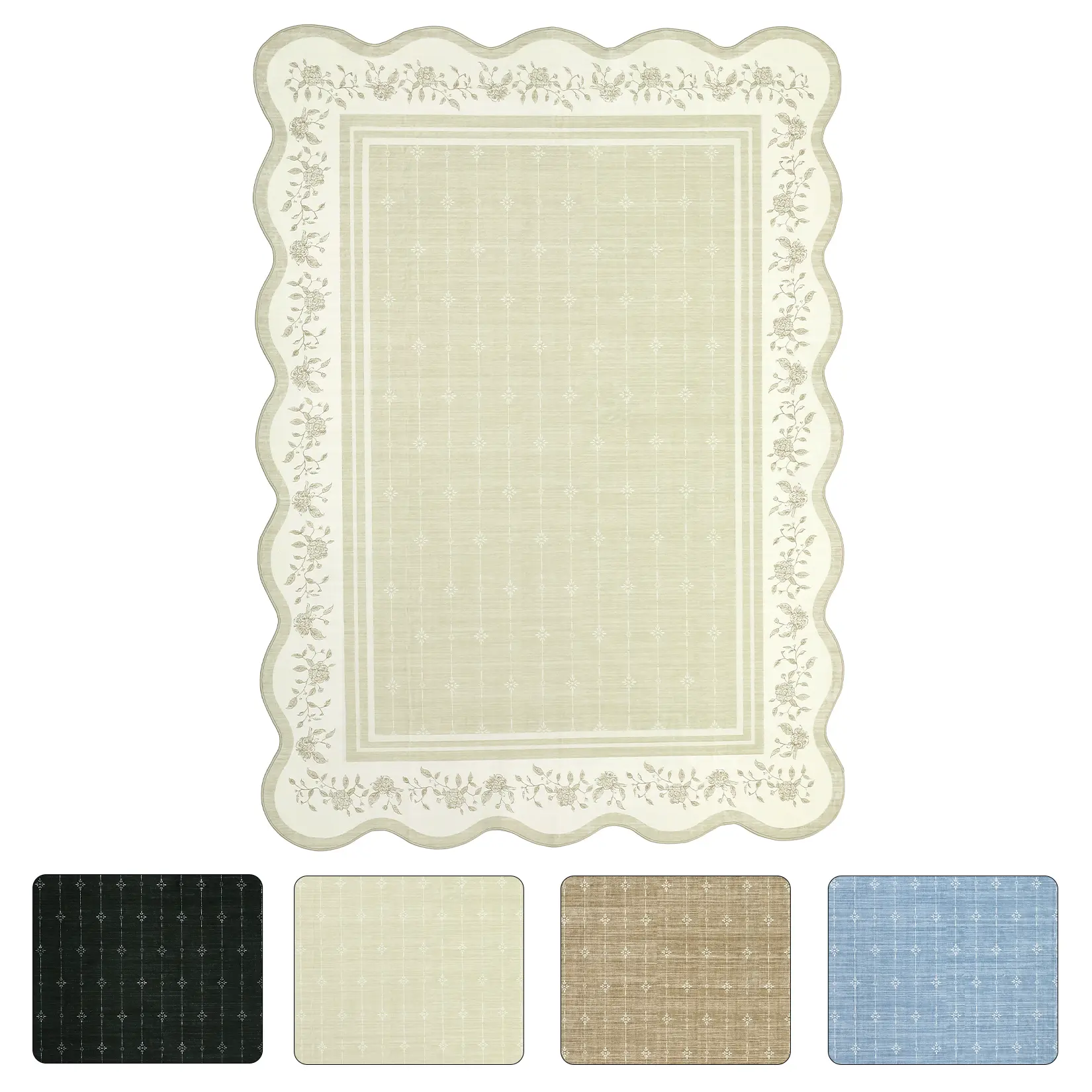 Washable Scalloped Floral Area Rug – Large 10x13ft Carpet – Non-Slip, Low Pile, Spot Resistant, Modern Accent for Living Room, Bedroom, Nursery, Kids Room, Office – Ivory