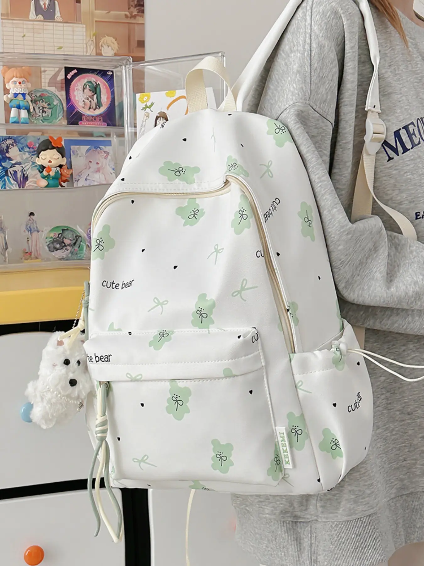 Cute Bear Pattern Backpack, Soft Japanese Style, Large Capacity Multi-Layer Design, Plush Bear Charm, Lightweight Shoulder Strap, Perfect for Students