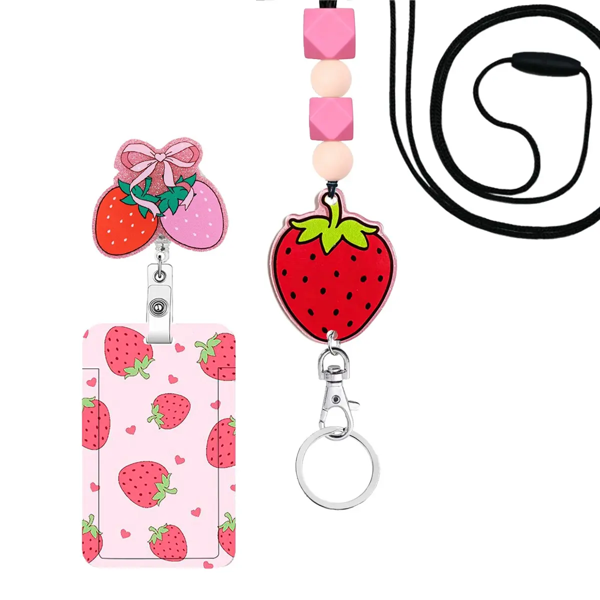 Cute Strawberry ID Badge Clip with Lanyard and Keychain, Shiny Rotating Badge Holder, Office Accessory for Nurses, Teachers, Doctors