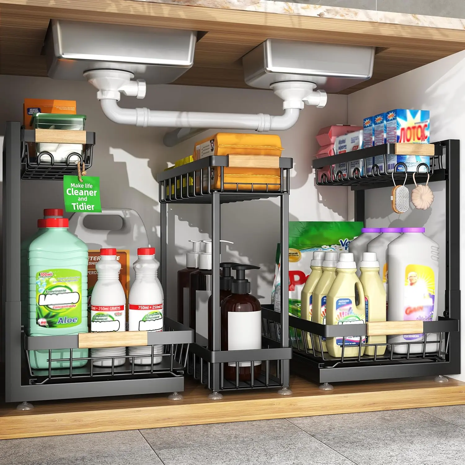 3-Pack Height-Adjustable Under Sink Organizer Racks, 2-Tier Pull-Out Metal Cabinet Shelf with Smooth Installation Slide-Out Drawers for Kitchen, Bathroom