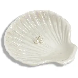 Ring Dish Shell Shape Ceramic Jewelry Dish Tray, Decorative Trinket Dish Organizing Rings Earrings Necklaces Keys, Mothers Day Christmas Birthday Gifts for Women, 3.9", White Iridescent SurfaceGift.