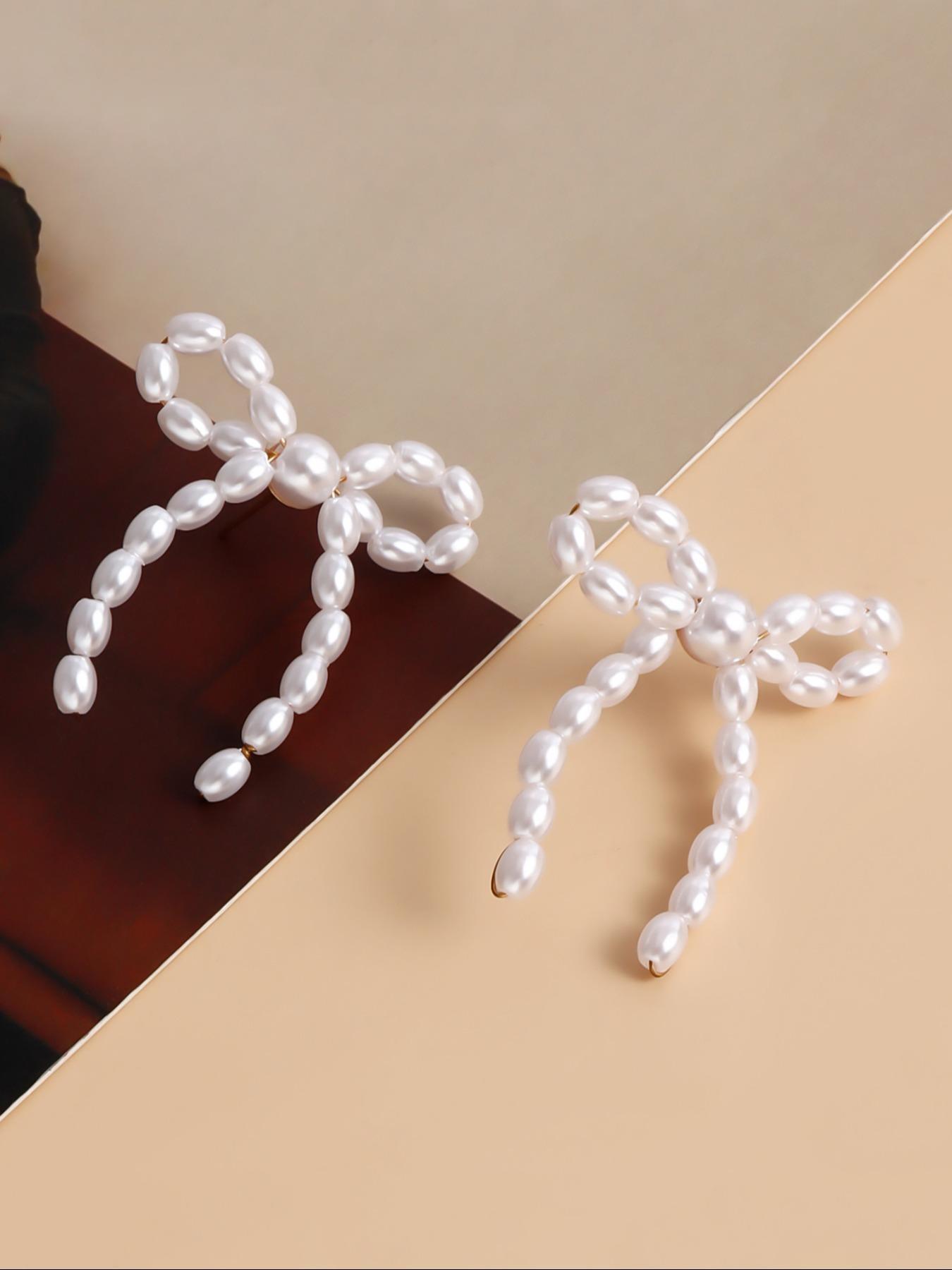 Gorgeous Faux Pearl Bow Decor Stud Earrings, Fashion Elegant Earrings Jewelry for Women, Daily Clothing Decor, Trendy Faux Pearls Craftsmanship Jewelry for Birthday Gift Fall, Mother's Day Gift, Versatile Earrings