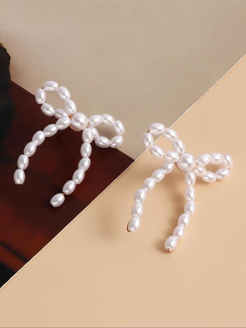Gorgeous Faux Pearl Bow Decor Stud Earrings, Fashion Elegant Earrings Jewelry for Women, Daily Clothing Decor, Trendy Faux Pearls Craftsmanship Jewelry for Birthday Gift Fall, Mother's Day Gift, Versatile Earrings