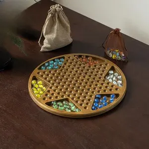 12-Inch Wooden Chinese Checkers Set with Glass Marbles, Durable Wood Material, Perfect for Family Games & Entertainment