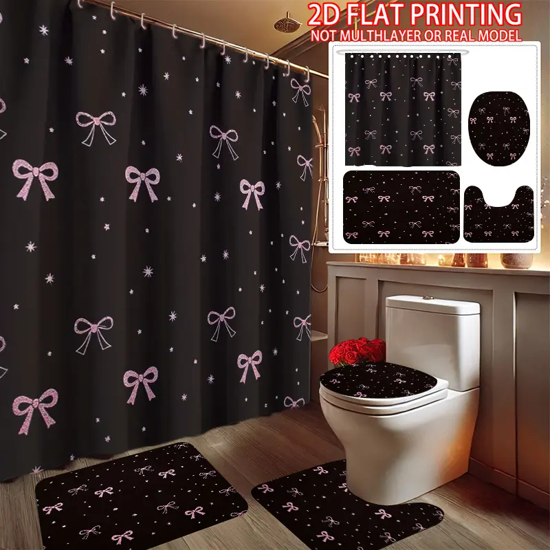 4Pc black background pink bow pattern, printed shower curtain set, decorative bathroom set including shower curtain, non-slip floor mat, toilet cover, bathroom mat and 12 hooks, bathroom accessories, holiday decorations, gifts, home decoration, Halloween