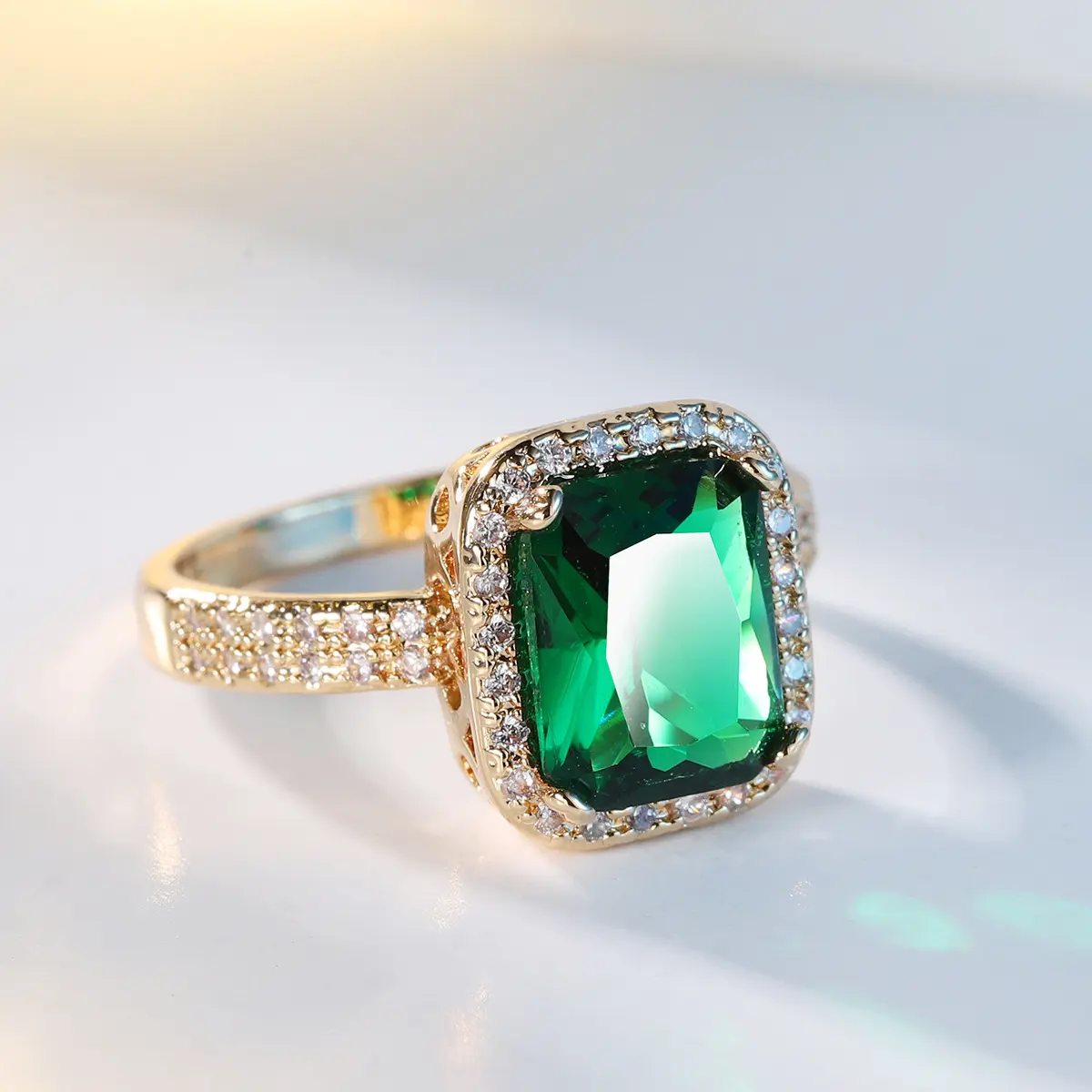 Women's Gold-Plated Engagement Ring - Radiant Cut Simulated Emerald, Luxury Pavé Emerald Cut Zircon Band, Cubic Zirconia, Metal Coating, for Sports & Outdoor Accessories, All Seasons Beautiful Rings, Pavé Band