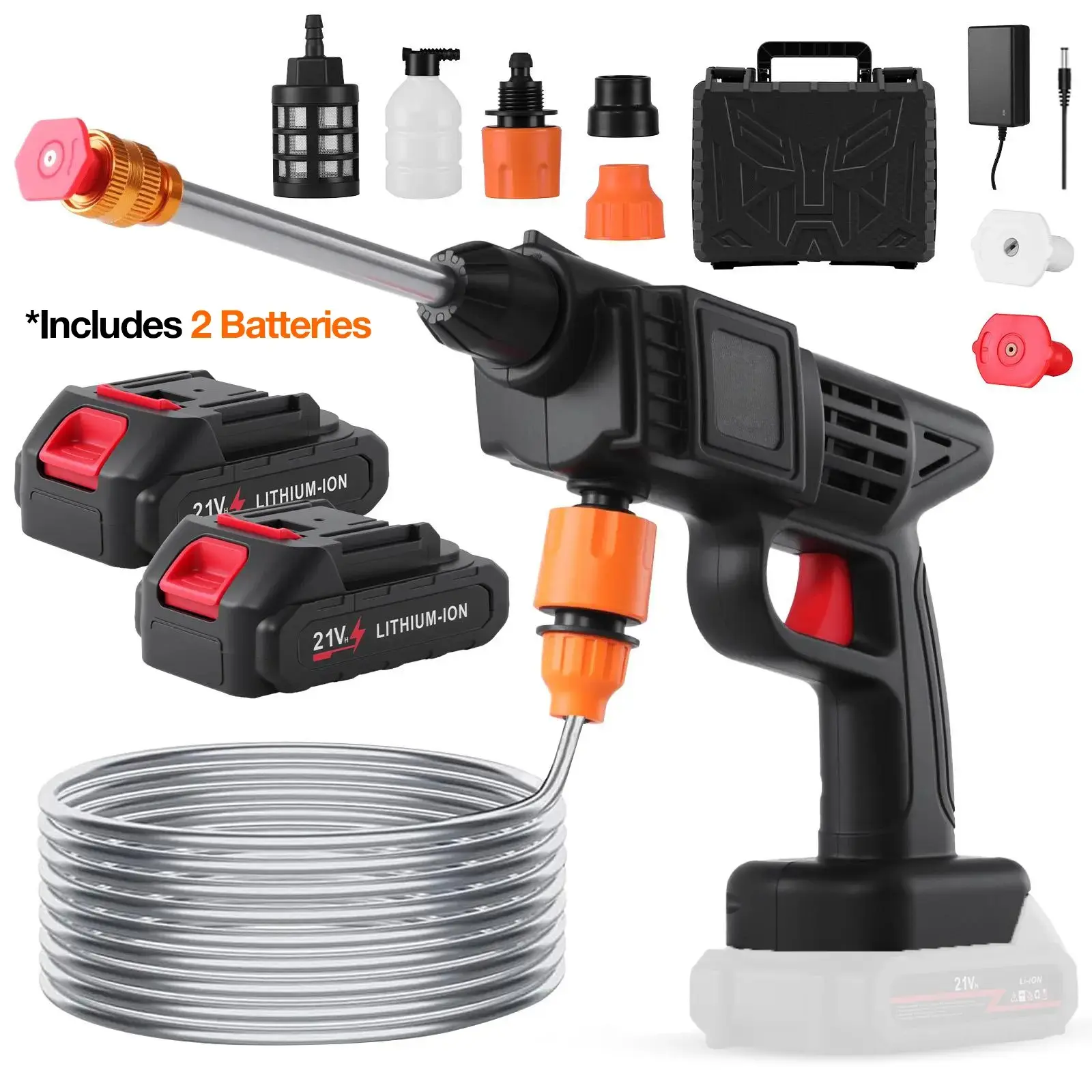 Cordless High Pressure Washer with 2 Lithium Batteries, Charger, Pressure Washer Nozzle, Foam Spray Gun & Tool Box, Portable Wireless Power Cleaner for Cars, Outdoor Cleaning