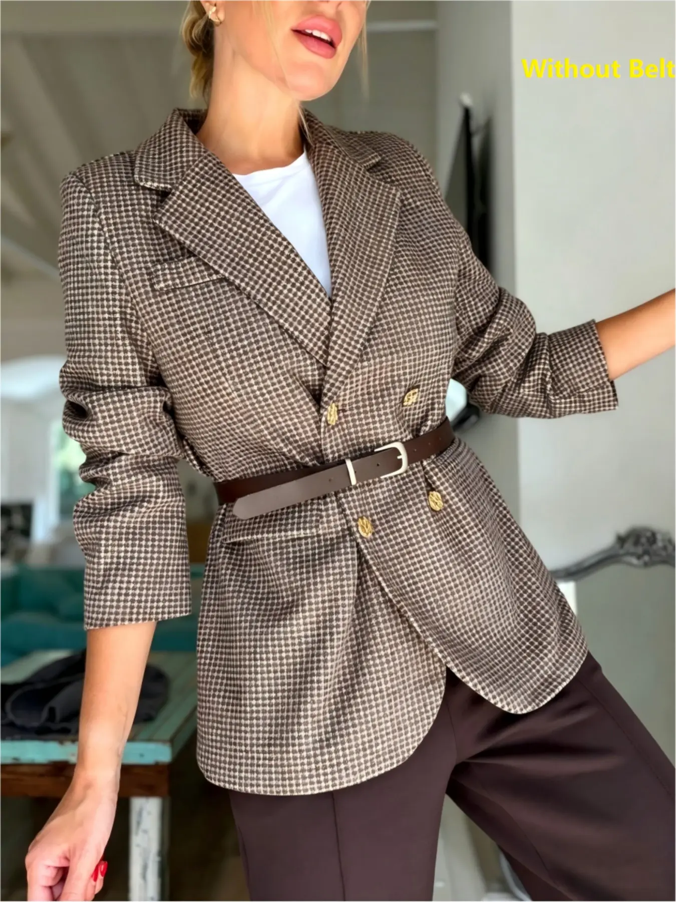 2026 Spring Autumn New Retro Houndstooth Double-Breasted Suit Jacket for Women, Loose Slim-Fit Mid-Length Blazer Suitable for Commuting, Stylish and Flattering