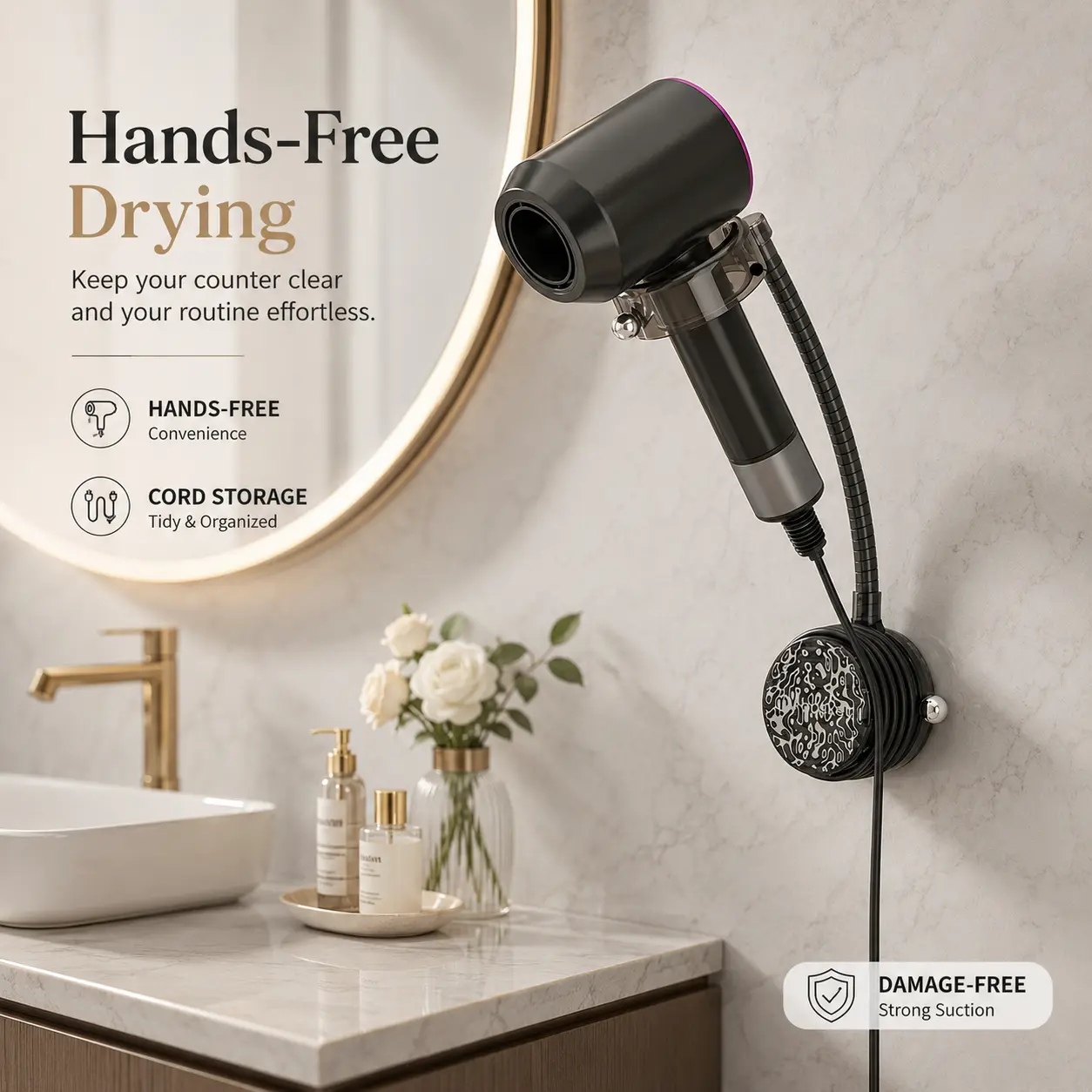 Wall Mounted Hair Dryer Holder, No Drill Suction Cup Blow Dryer Stand with 360° Flexible Gooseneck for Hands-Free Drying and Bathroom Storage