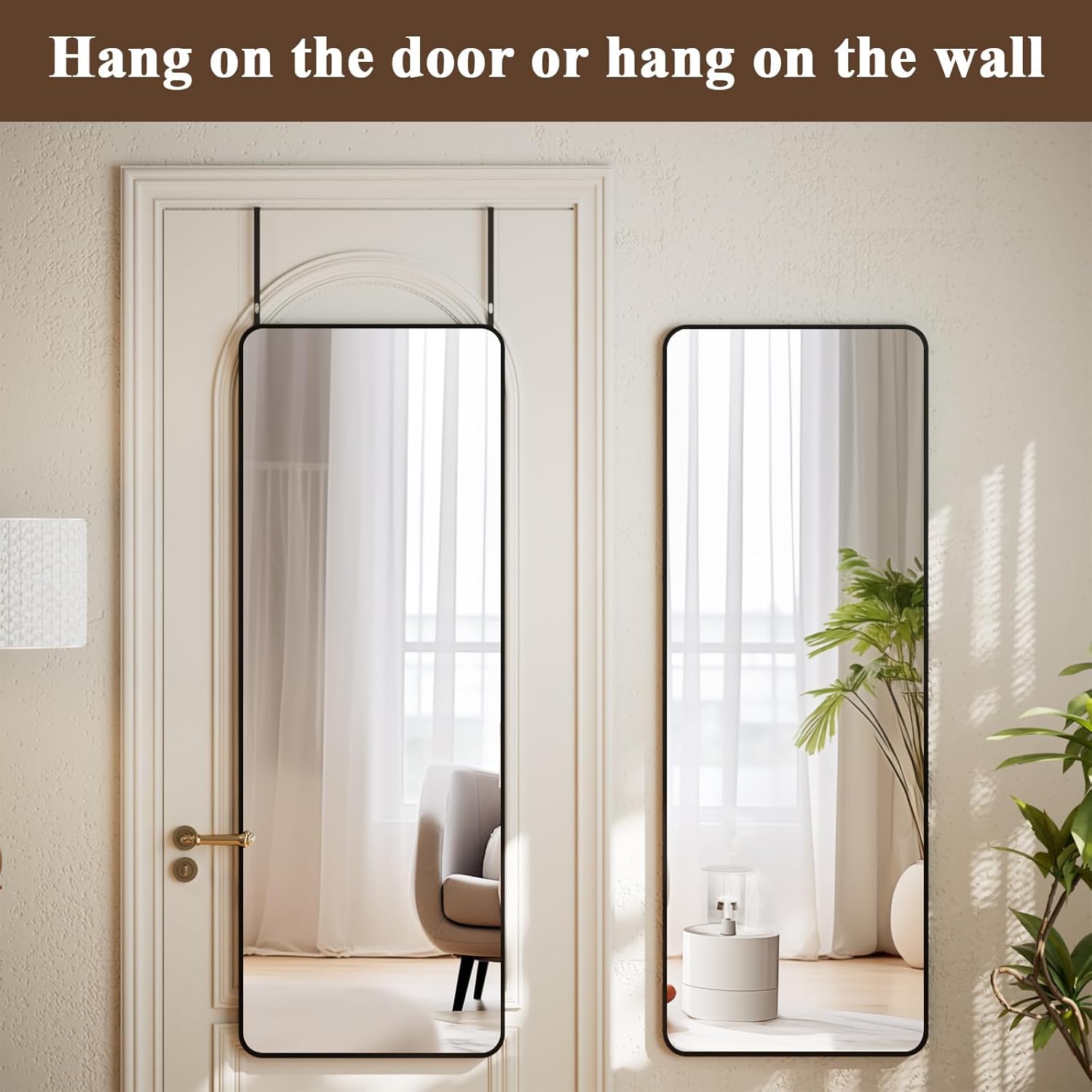 14"x48" Full Length Over The Door Mirror -  Alloy Frame Full  Mirror with Height-Adjustable Hangers, Hanging Leaning Against Wall for Dorm, Black