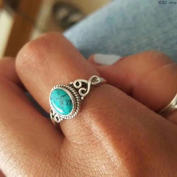 Women's Vintage Oval Turquoise Simulated Ring - Silver-Tone Retro Twisted Hollow Beaded Ethnic Jewelry, Bohemian Look Female Statement Ring, Ideal Gift Option