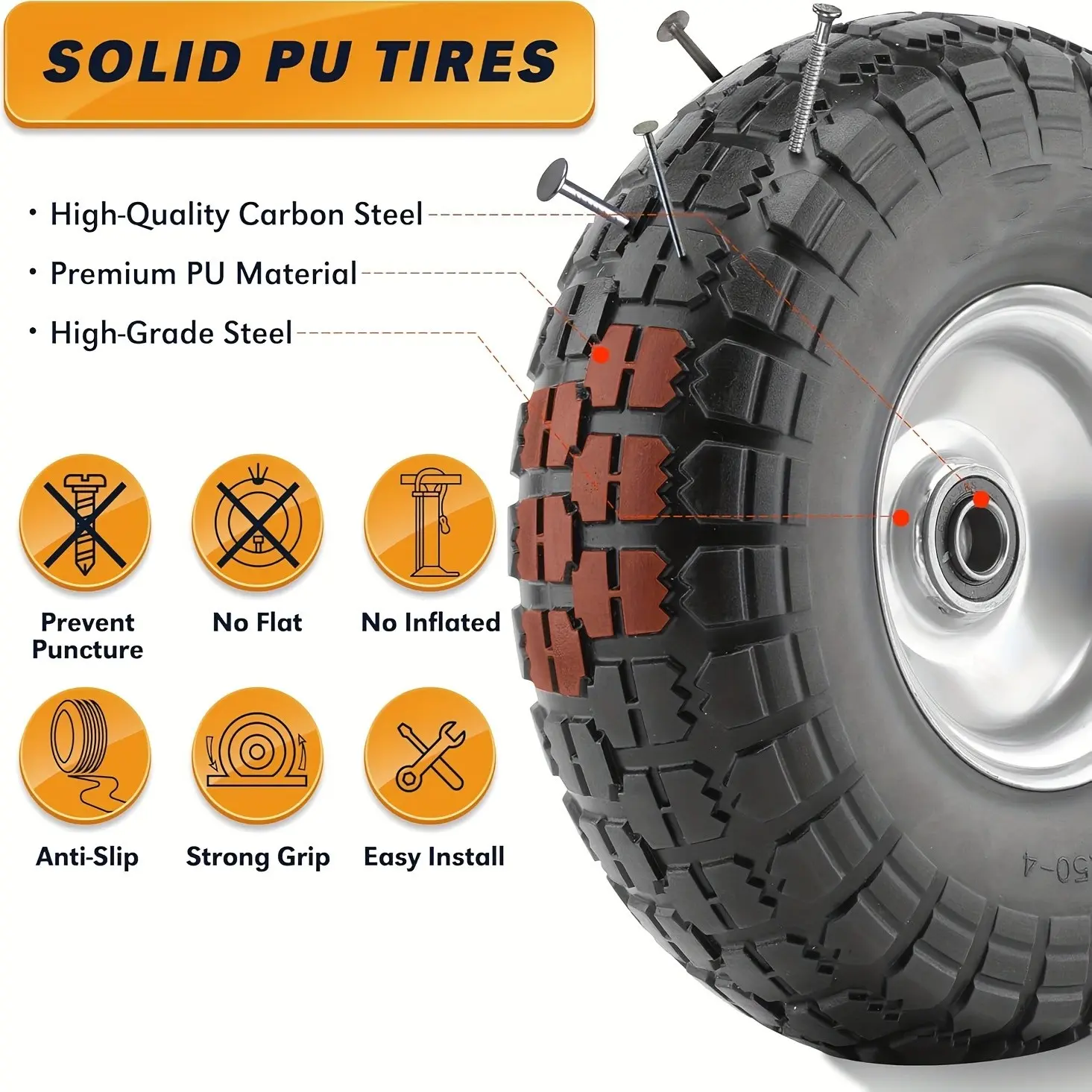 10-Inch Solid Tire, 4.10/3.50-4 Rubber Wheel, Replacement Tire for Hand Trucks, Durable Spike-Resistant, Fits Hand Trucks, Trailers, Unicycles, Vehicles, Reliable