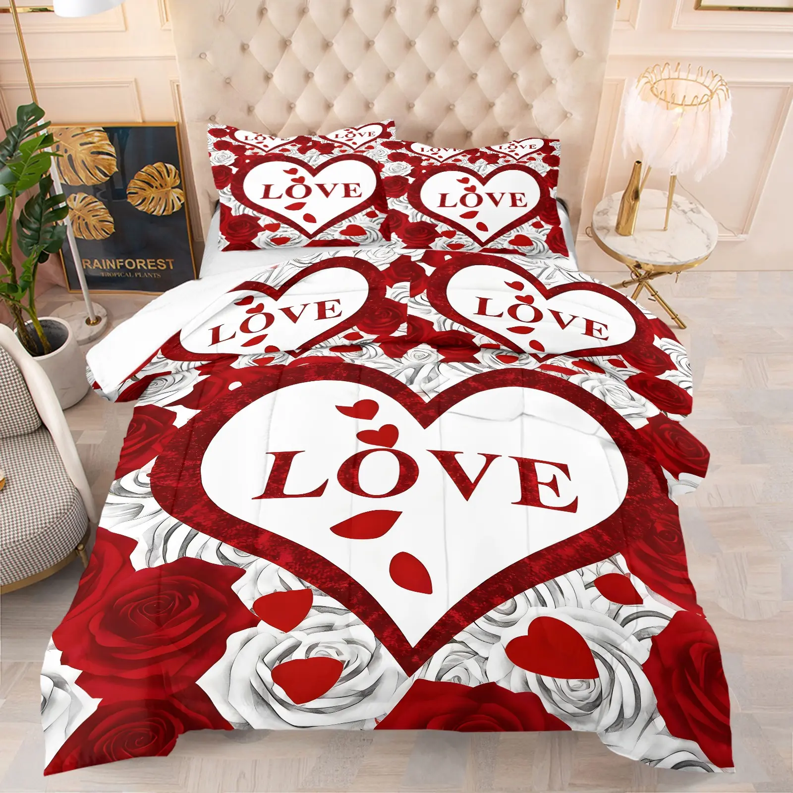 Red White Rose Love Heart Comforter Set, Romantic LOVE Letter Digital Print Bedding Set, Soft Lightweight U-Shape Quilted Bed Quilt, All Season Cozy Bedroom Decor, Machine Washable, Includes 1/2 Pillowcases - without Core