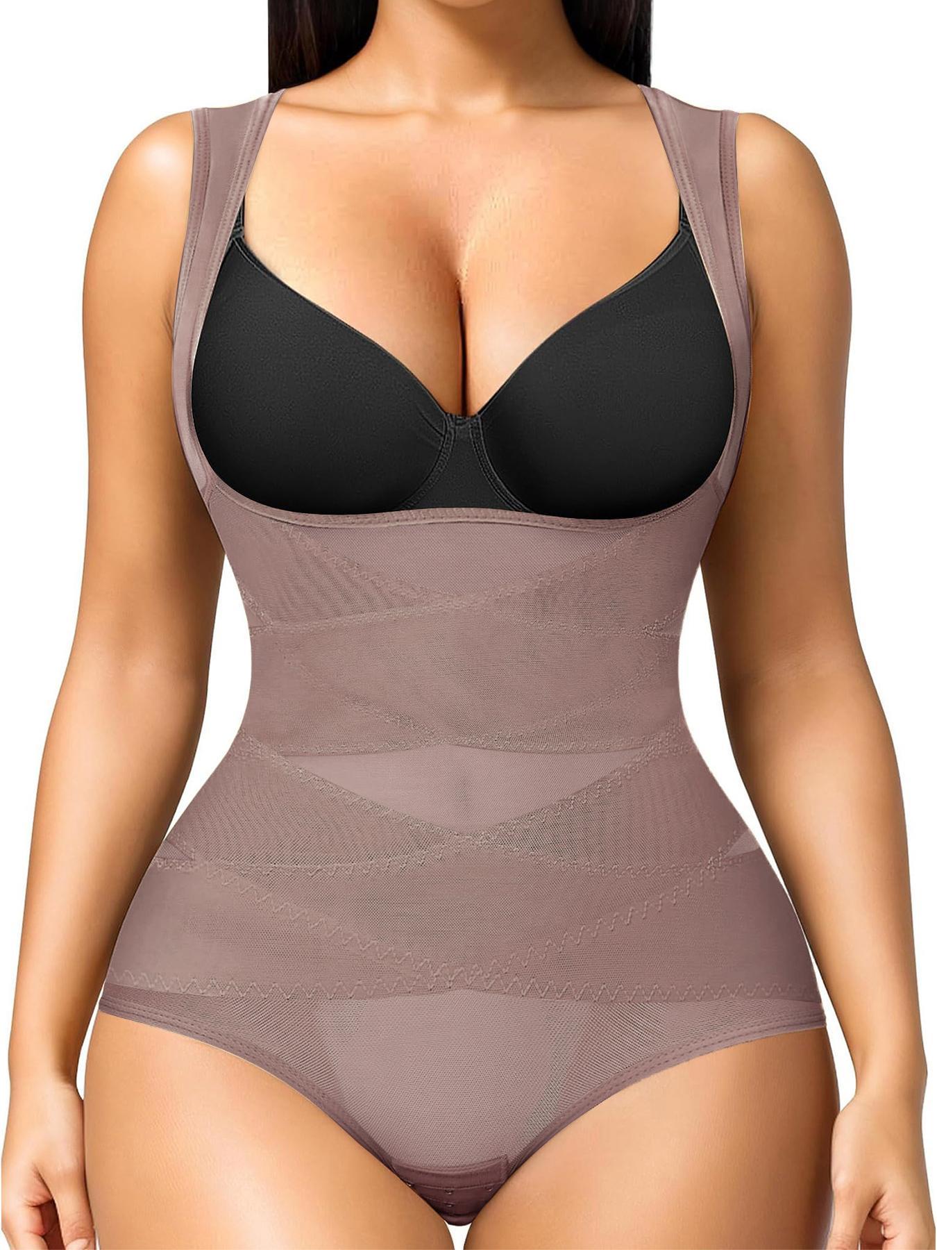Women's Solid Color Open Bust Adjustable Hook & Eye Closure Crotch Shapewear Bodysuit, Breathable Comfortable Tummy Control High Waist Shaping Push Up Chest Shaper Bodysuit