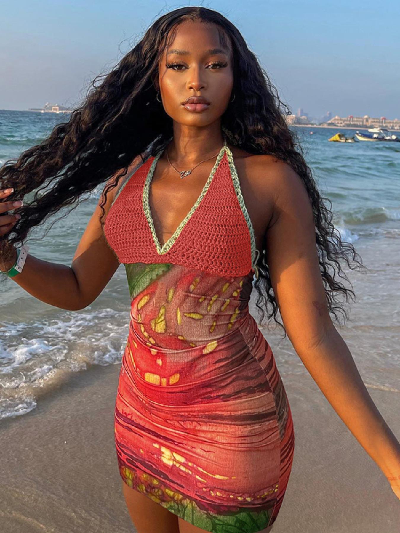 Women's Crochet Patchwork Backless Halter Neck Bodycon Halter Strap Dress, Casual Sleeveless Tie Back Hollow Out Dress for Summer, Fashion Women's Dress for Beach Holiday