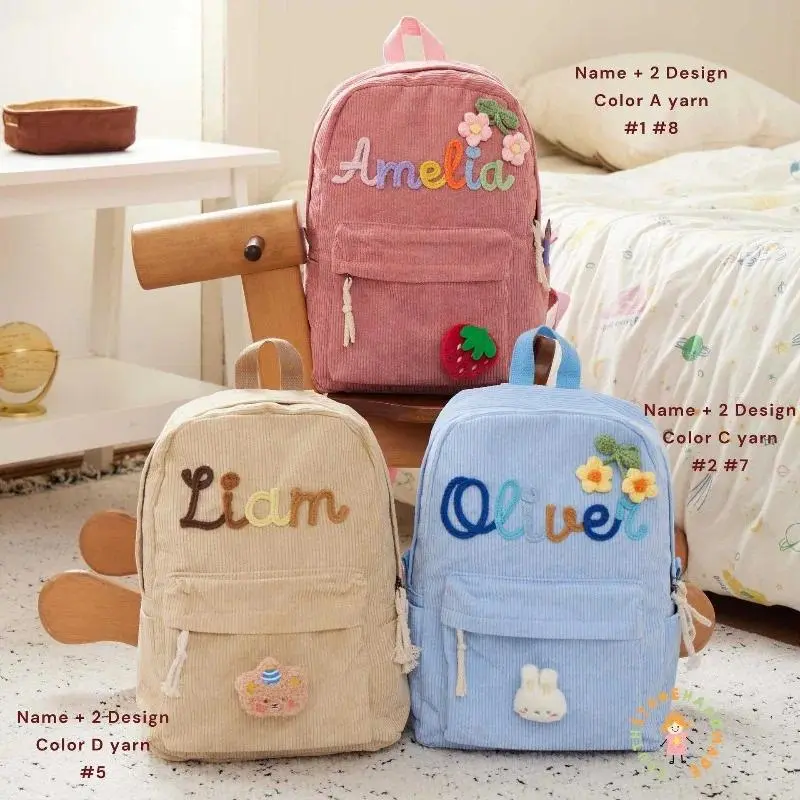 1pcs Personalized Backpack Large Capacity Corduroy Schoolbag Hand-Made Unique Name Custom Multicolor Rope Yarn Color Decoration