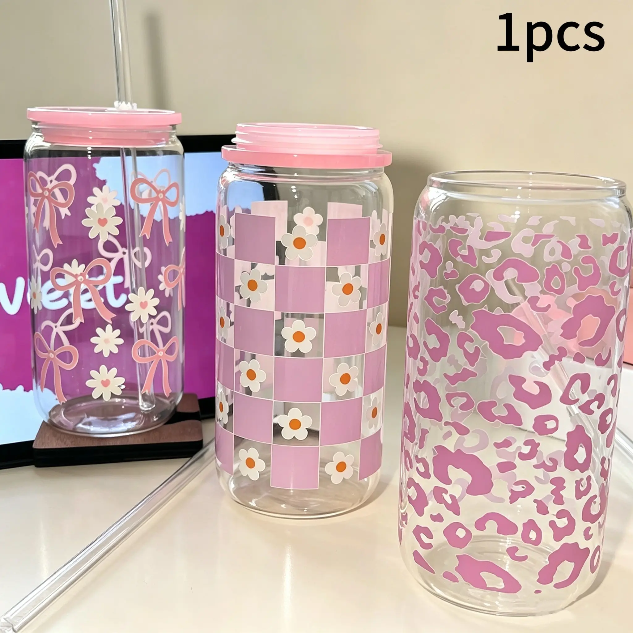 500ML New Glass Cup, Bow Print Water Cup, Ice & Hot Coffee Cup, Glass Straw Cup, Gift, Non-Lead Crystal Glass, Semi-Manual, Iced Tumblers