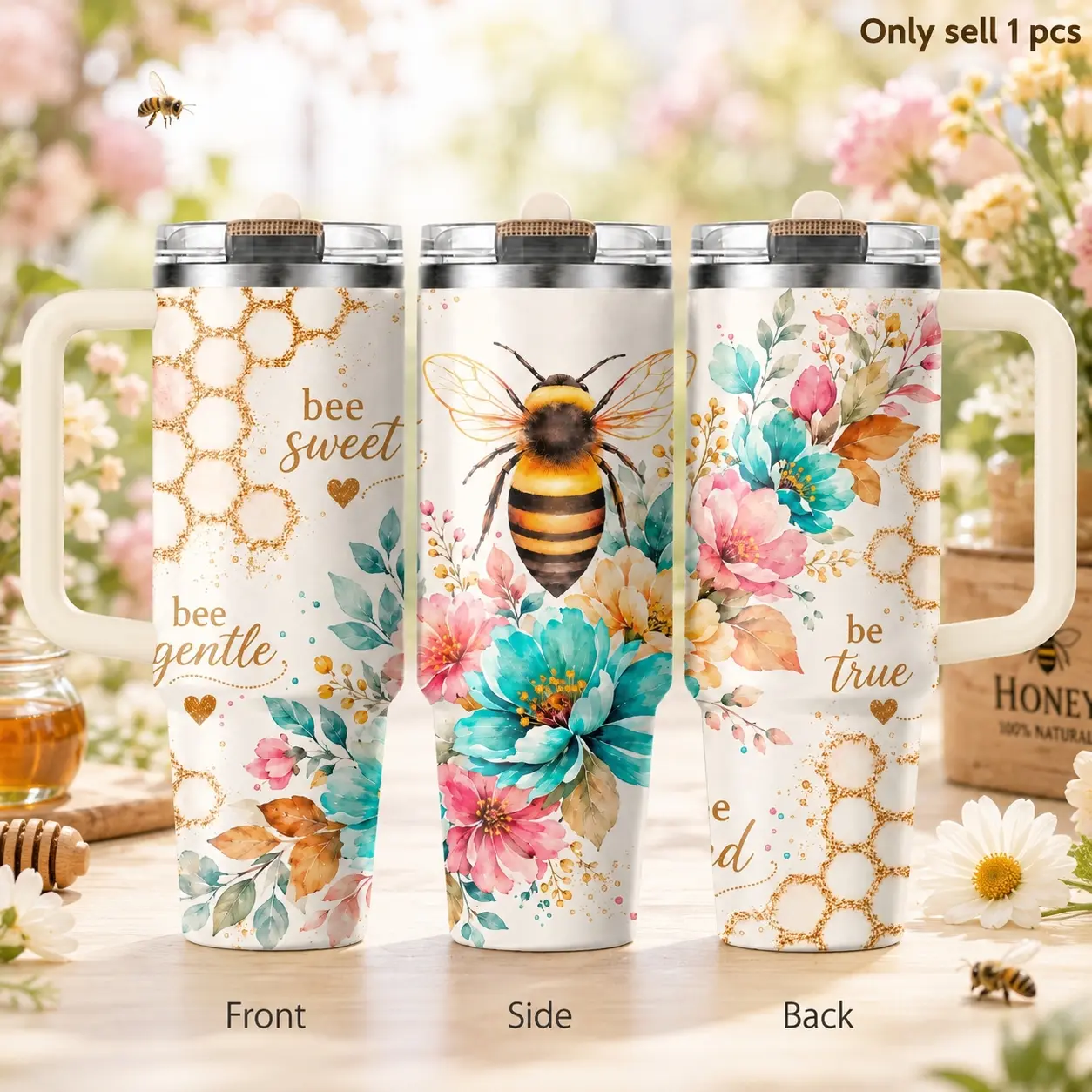 Bee Floral Garden 40oz Tumbler – Nature Inspired Stainless Steel Insulated Travel Mug with Handle & Straw Lid for Coffee, Water, Garden Days, Office, Car, Sweet Bee Lover Gift