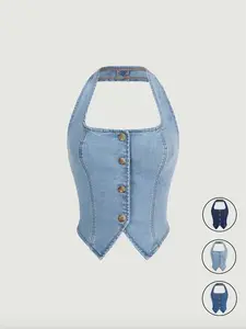 Women's Button Front Halter Neck Backless Denim Top, Stylish Summer Fashion, Casual Chic Sleeveless, Comfortable, Trendy & Fit, Perfect for Casual, Ideal for Daily Wear