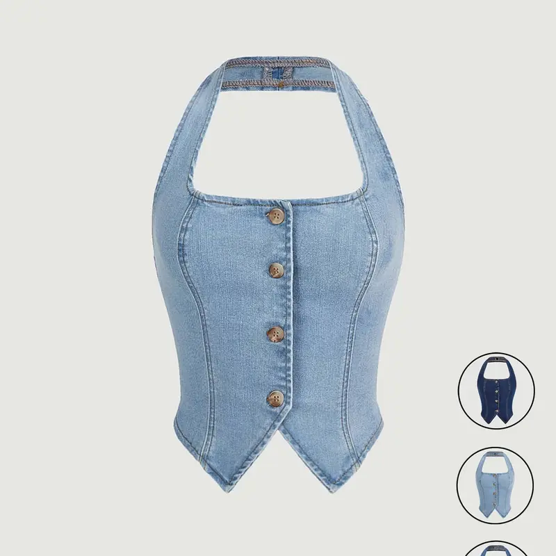 Women's Button Front Halter-Neck Backless Denim Top, Stylish Summer Fashion, Elegant Sleeveless Design, Comfortable & Trendy, Perfect for Casual Daily Wear, Fit