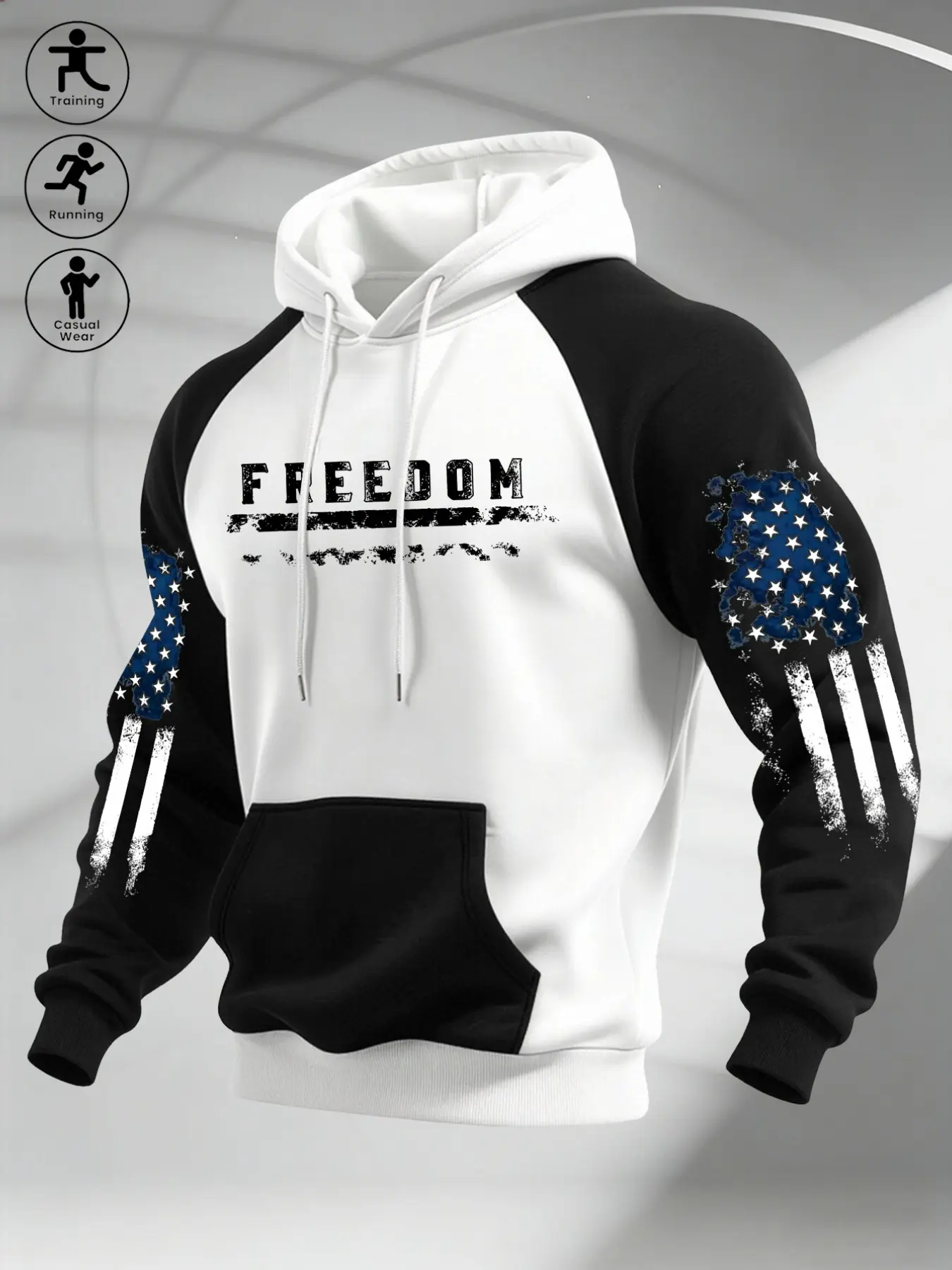 FREEDOM Patriotic Pullover Hoodie, USA Flag Distressed Graphic Print On Both Sleeves, Raglan Sweatshirt With Kangaroo Pocket, Athletic Sweatshirts, For Gym Training Running Casual Daily Wear#PatrioticHoodie #AmericanFlag #FreedomApparel #GymSweatshirt