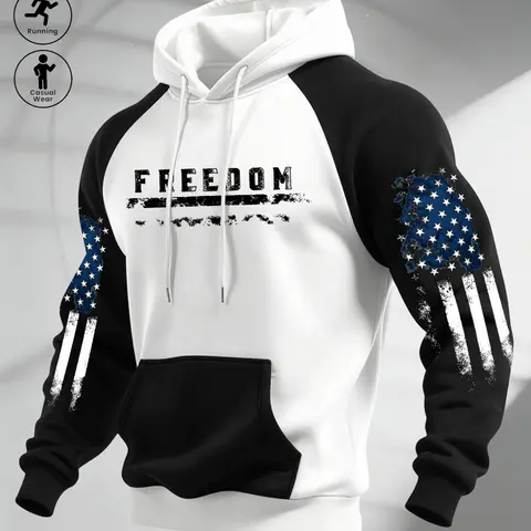 FREEDOM Patriotic Pullover Hoodie, USA Flag Distressed Graphic Print On Both Sleeves, Raglan Sweatshirt With Kangaroo Pocket, Athletic Sweatshirts, For Gym Training Running Casual Daily Wear#PatrioticHoodie #AmericanFlag #FreedomApparel #GymSweatshirt
