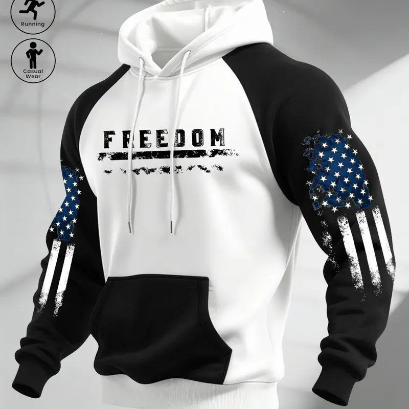 FREEDOM Patriotic Pullover Hoodie, USA Flag Distressed Graphic Print On Both Sleeves, Raglan Sweatshirt With Kangaroo Pocket, Athletic Sweatshirts, For Gym Training Running Casual Daily Wear#PatrioticHoodie #AmericanFlag #FreedomApparel #GymSweatshirt