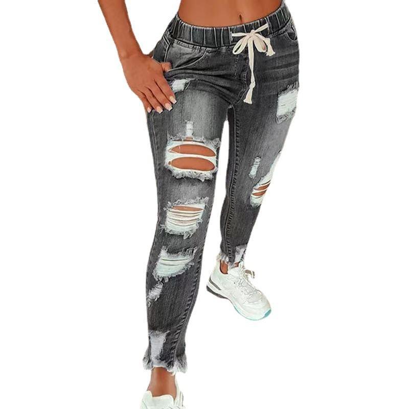 Women's trendy high waist ripped elastic waist drawstring jeans riden jeans  jeans Pants Denim