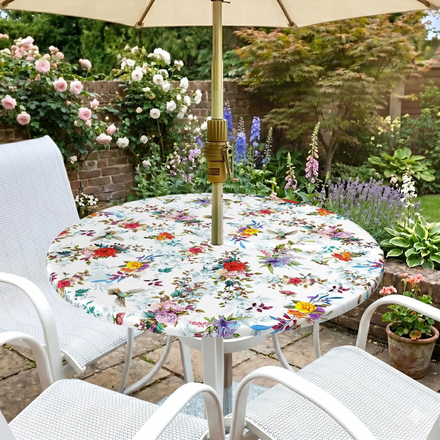 Round Outdoor Fitted Tablecloth with Umbrella Hole and Elastic, Fabric Waterproof Fitted Round Patio Table Cloth with Umbrella Hole for Summer/Party/Picnic, Flowers and Birds, Fits 40"-46" Tables