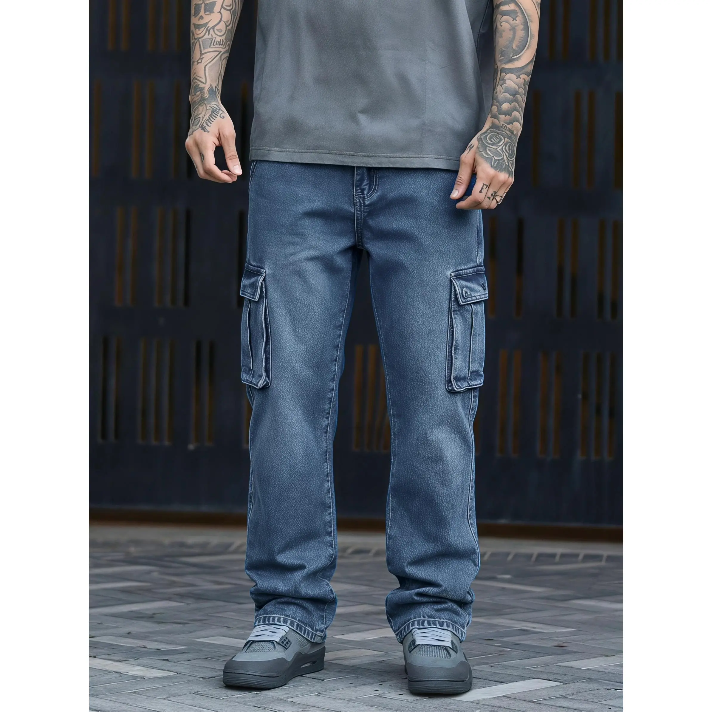 Men's Mid-Wash Blue Straight Leg Denim Cargo Pants - Menswear Streetwear Vibe, Early 2000s Aesthetic, Multi-Pocket Techwear Utility Jeans, Retro Loose Fit Skater Style, Summer Casual Plain Trousers with Golden Accents, Basic, Smooth, Chunky, Sneakers, Met