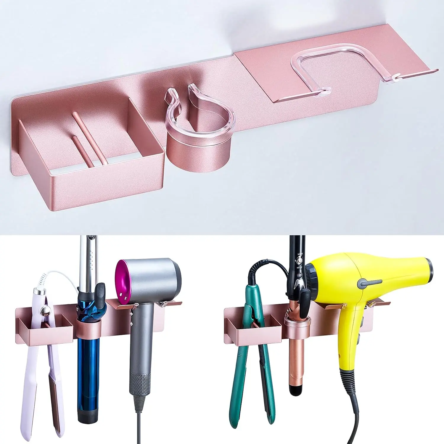 Hair Dryer Holder Wall Mount Curling Iron Holder Flat Iron Holder, Blow Dryer Holder Wall, 3 in 1 Bathroom Hair Tool Organizer Rack for  Hairdryer Straightener Curlings (Rose )