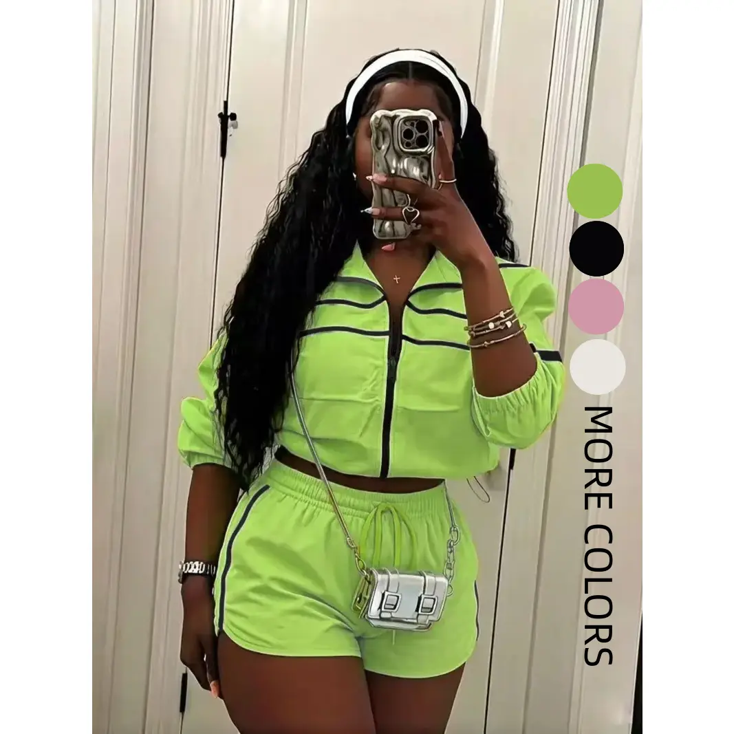 Women Striped Zip Up Collar Cropped Jacket & Drawstring High Waist Shorts 2 Piece Tracksuit Bright Color Athletic Sports Matching Set Streetwear Outfit