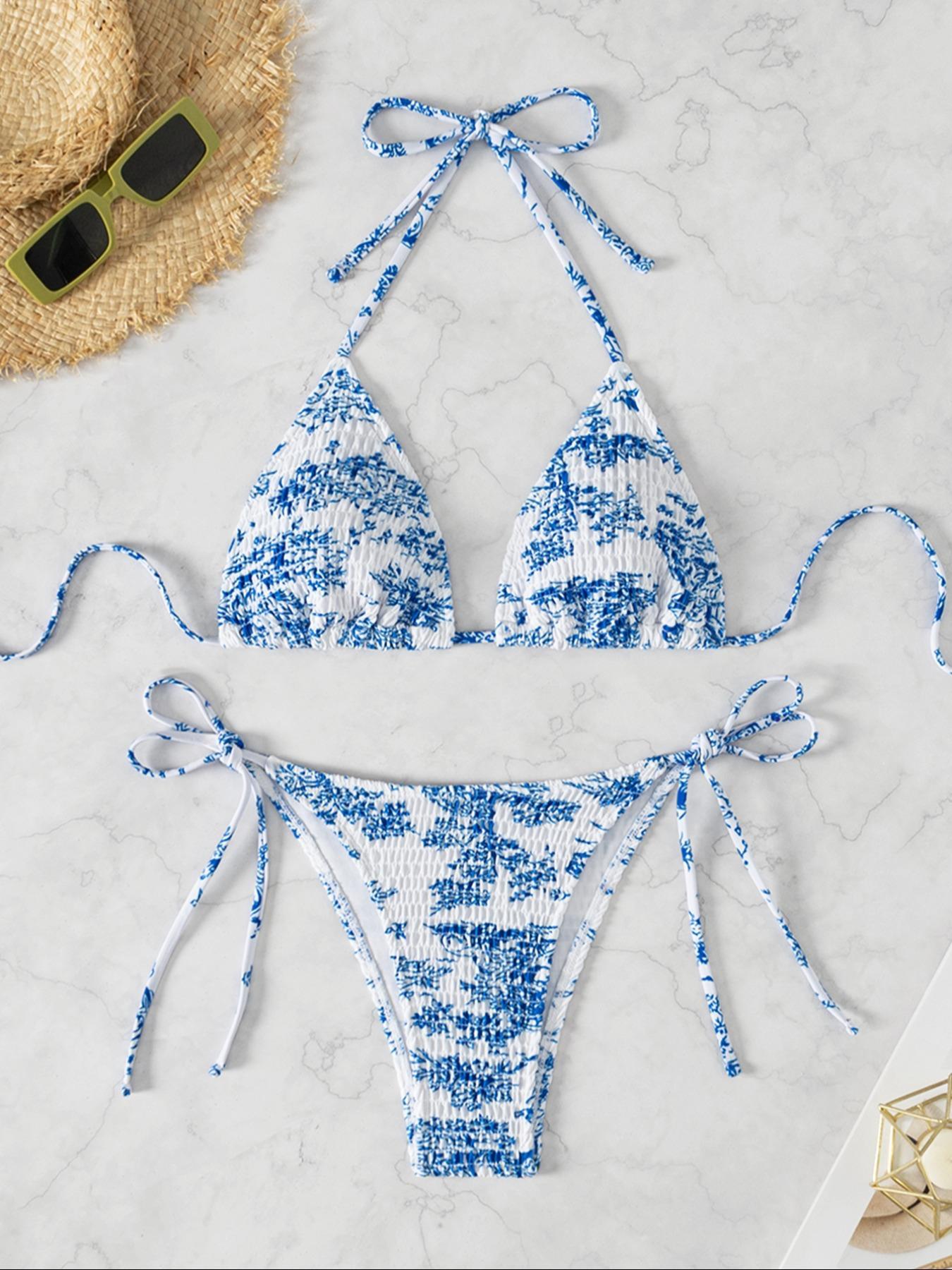 Two-Piece Set Women's Leopard Print Textured Bikinis Set, Casual Halter Triangle Bra & Tie Side Panty, Summer Beach Holiday Vacation Swimwear Set for Women, Halter Bikini Swimsuit, Swimsuit Style Bikini