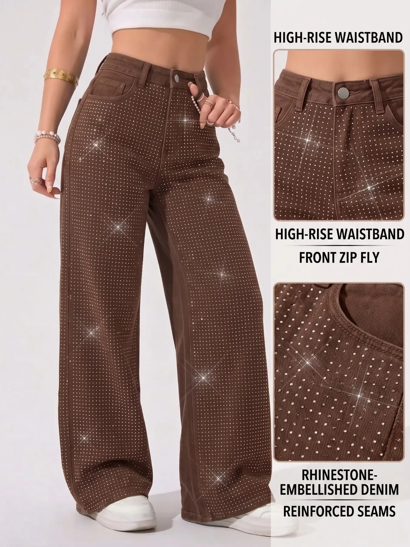 Trendy Sparkly Full Rhinestone High Waist Wide Leg Denim Jeans, American Style Sexy Night Club Party Date Atmosphere Long Pants