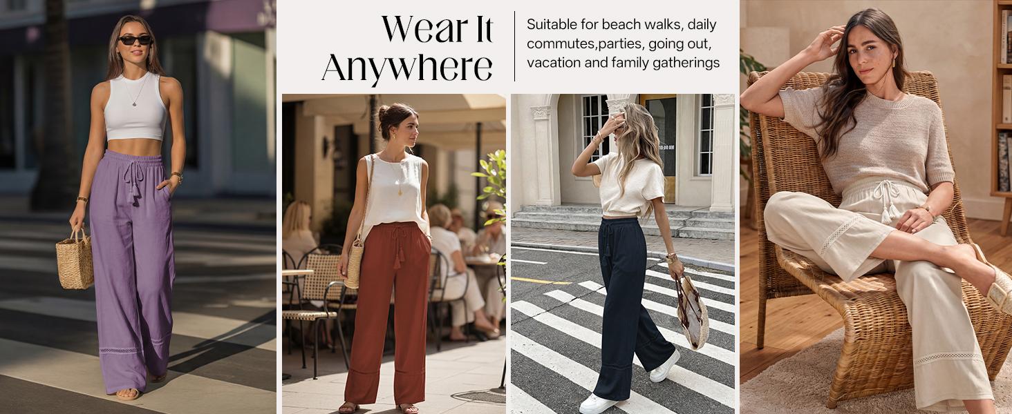 Sarin Mathews Womens Wide Leg Linen Pants High Waisted Drawstring Palazzo Casual Summer Beach Pants with Pockets