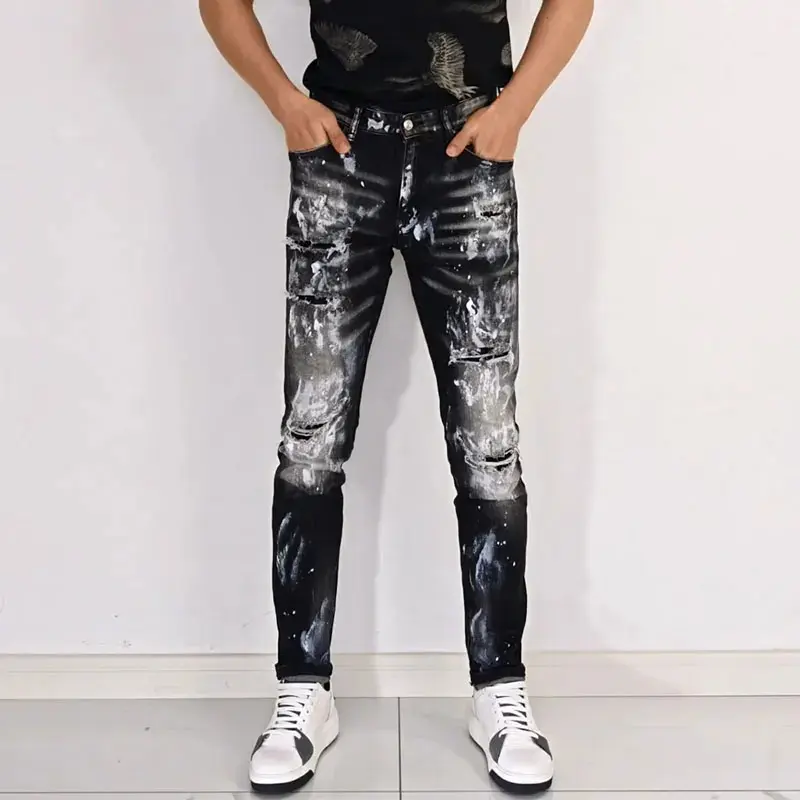 Men's Street Fashion Black/Gray Stretch Slim Fit Jeans High-Corrugated Painted Designer Retro Hip-Hop Brand Pants