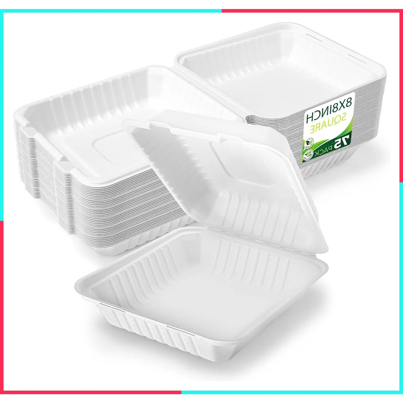 75 Pack 8”x8” Compostable Clamshell Take Out Containers with Lids, Extra Sturdy To Go Food Boxes